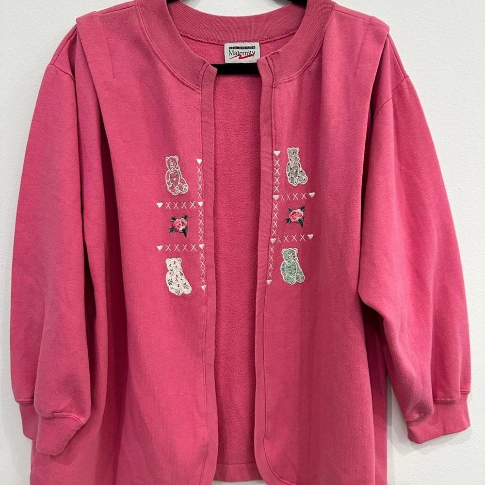 New Addition Maternity Pink Open Front Cardigan Sweatshirt Teddy Bear Rose OS